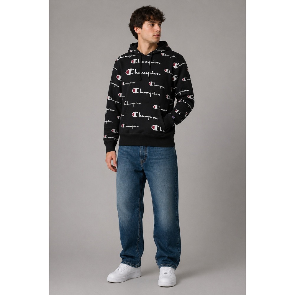 Champion All Over‎ Logo Hoodie | Size Small | Black Pullover Streetwear